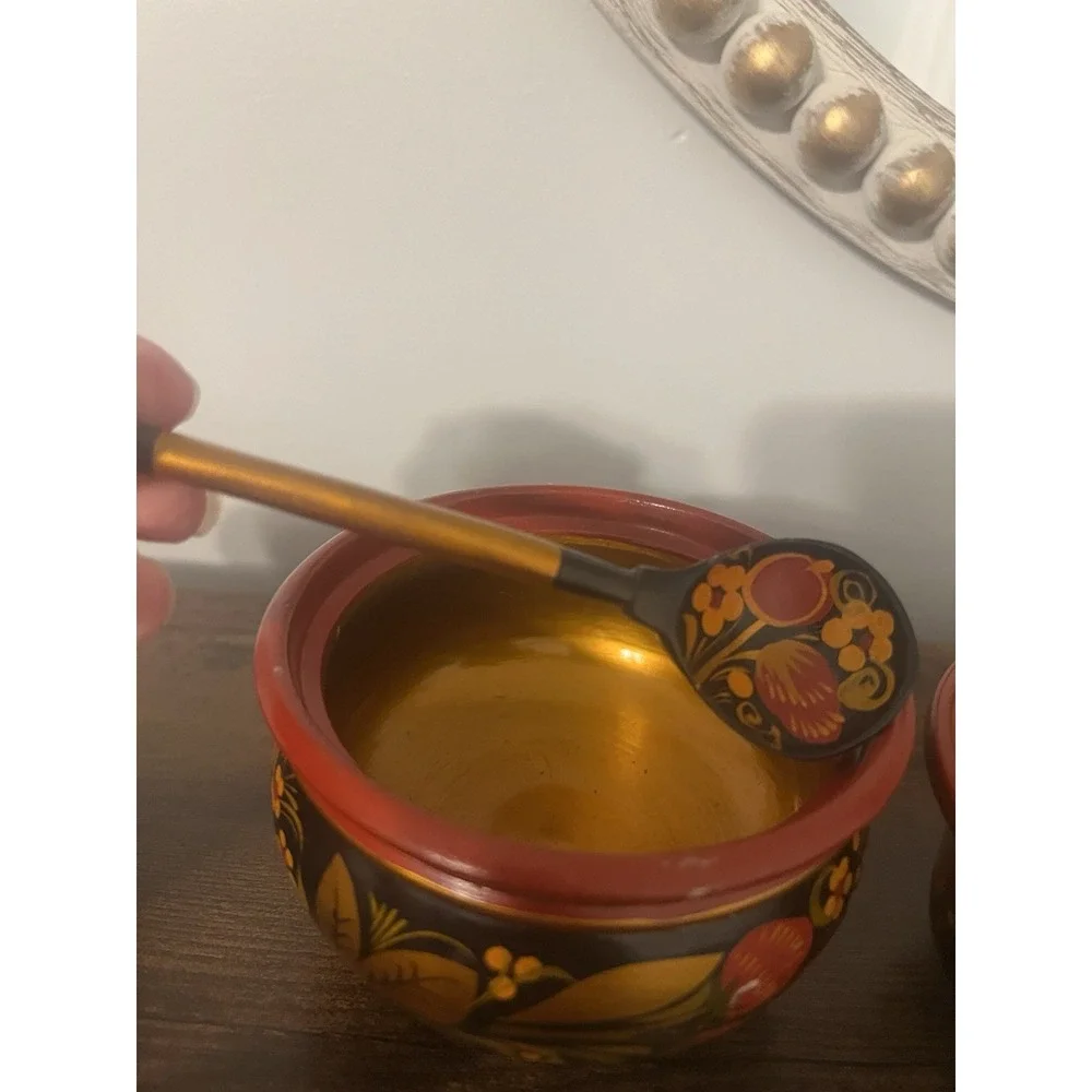 Vintage Russian Khokhloma Wooden Sugar Bowl w Lid Spoon & 2 Bowls Hand Painted